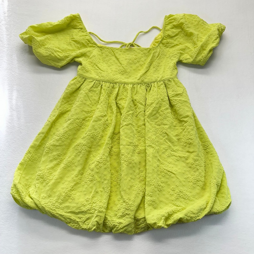 Hem & Thread Mini Dress  L Lime Green Floral Textured Bubble Hem Puff Sleeve